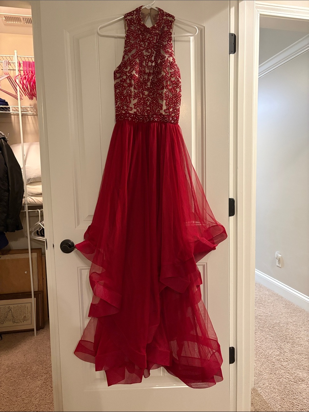 City Triangles Red Beaded High-Neck Tulle Formal Dress